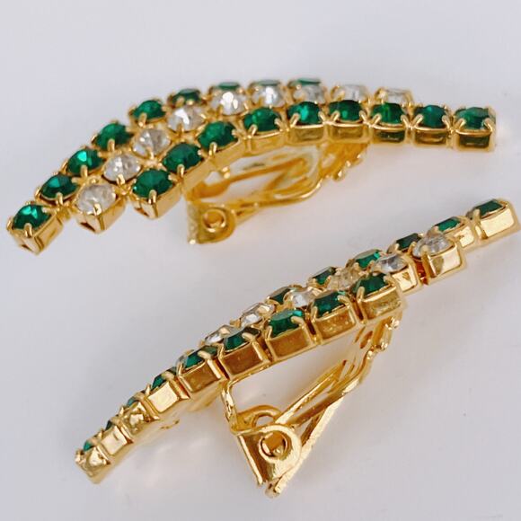 Vintage Emerald Green Glass Rhinestone Gold Tone Sparkly Clip On Earrings - Picture 6 of 10